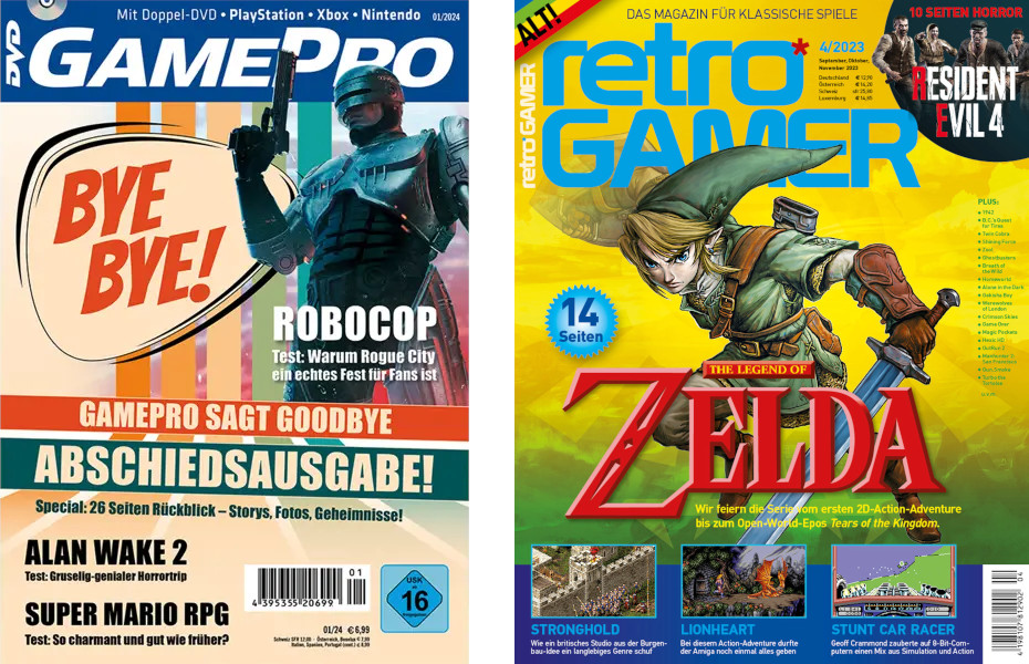 Die Titelseiten der letzten Ausgaben von GamePro und Retro Gamer. Die Hauptmotive sind: Robocop bzw. Zelda