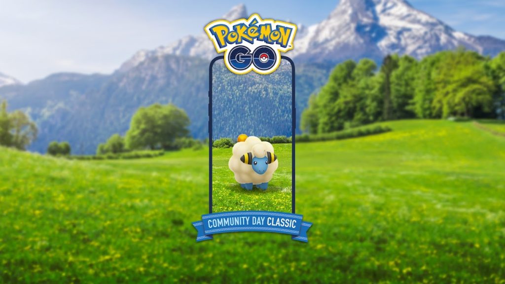 Promobild für den Pokémon Go Voltilamm Community Day. Zu sehen ist ein Voltilamm auf einer grünen Bergwiese.