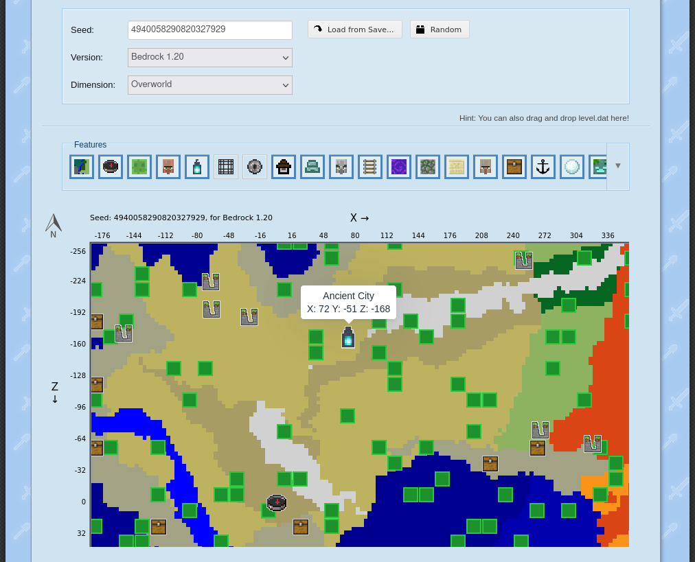 Screenshot der Webseite Seedmap. Zu sehen ist eine 2D-Landkarte von Minecraft. Markiert sind die Fundorte von Items und Baustrukturen.
